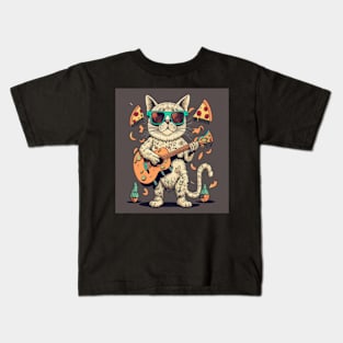 cat playing guitar for pizza Kids T-Shirt